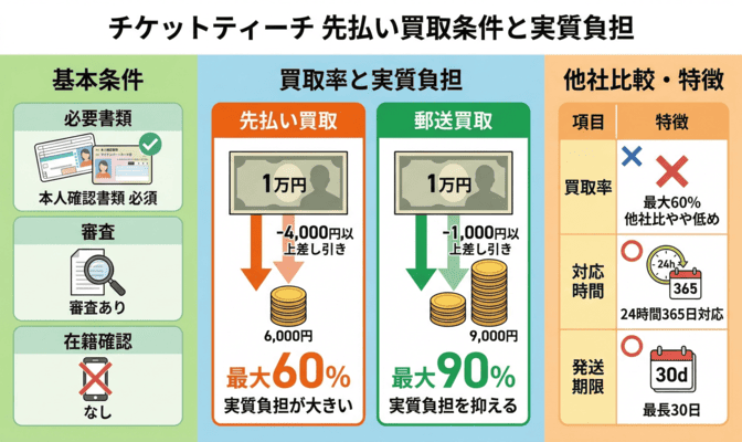 チケットティーチの先払い買取条件と手数料（実質負担）