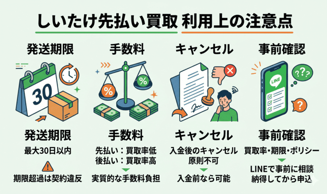 しいたけ先払い買取を利用する際の注意点まとめ